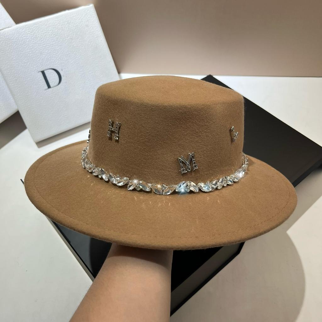 French Hepburn Pure Wool Rhinestone Top Hat Autumn And Winter New Light Luxury Celebrity Style Elegant Letter Wide Brim Flat Top Hat Women