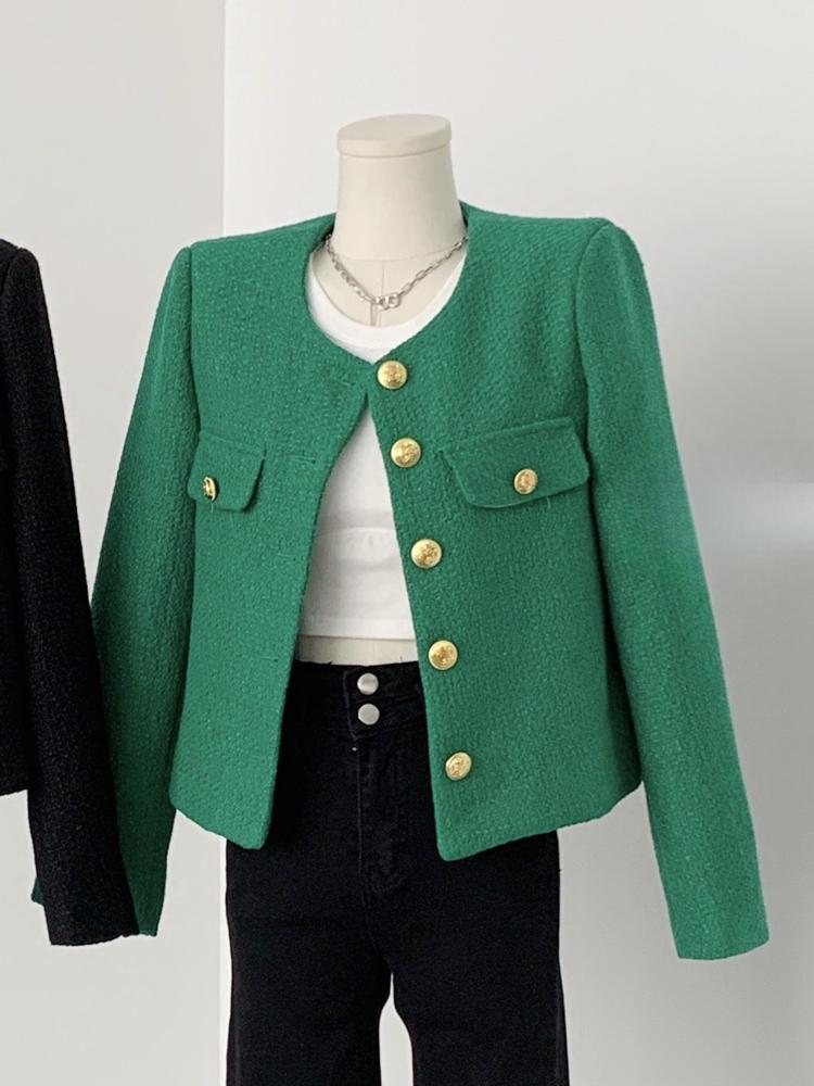 

Корейский шик элегантный короткий пальто для офиса леди осень новый High Street винтажное вечернее пальто французский однотонный универсальный модный наряд Ins S зелёный