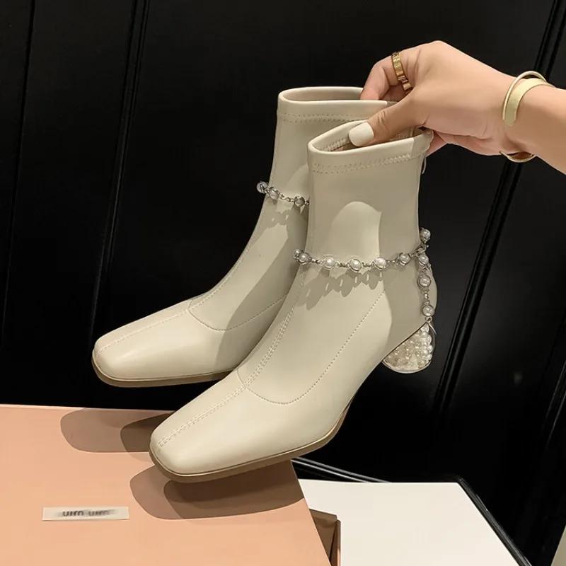 Fashion Thick Heeled Square Toe Pearl/chain Elastic Slim Fit Boots  Autumn and Winter Black Beige Fashion Women's Short Boots Size 34-42