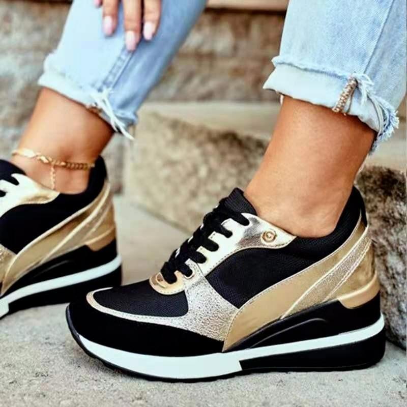Herbst Winter Neue Farbabstimmung Frühling Low-Top Täglich Schwarz Gold Atmungsaktiv Runde Zehenpartie Damen Keilabsatz Lässige Damenschuhe