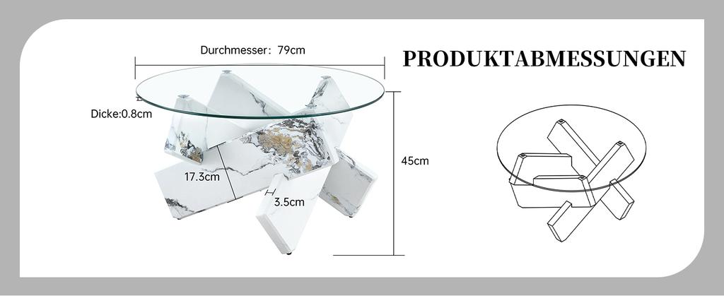 Multi-Color Optional MDF + Glass Round Coffee Table: White Imitation Marble Patterned Support Legs, 79cm Diameter, 0.8cm Thick Tempered Glass Surface.