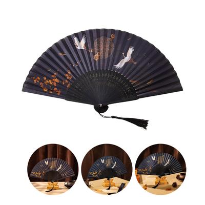 Chinese Elegant Folding Fan with Cranes Pattern Ancient Styles Performances Wood and Fabric Handheld Fan with Tassels