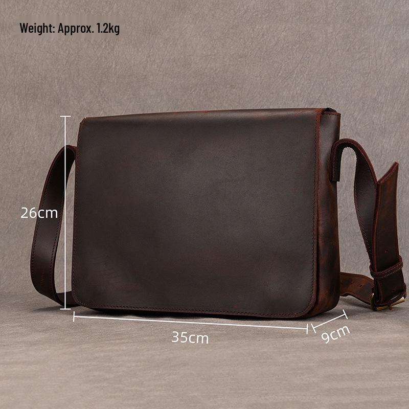 

Men s Crazy Horse Leather Crossbody Bag: Genuine Leather Single Shoulder Briefcase with A4 Storage, Flap Design, and 13-inch Capacity for Commuting.