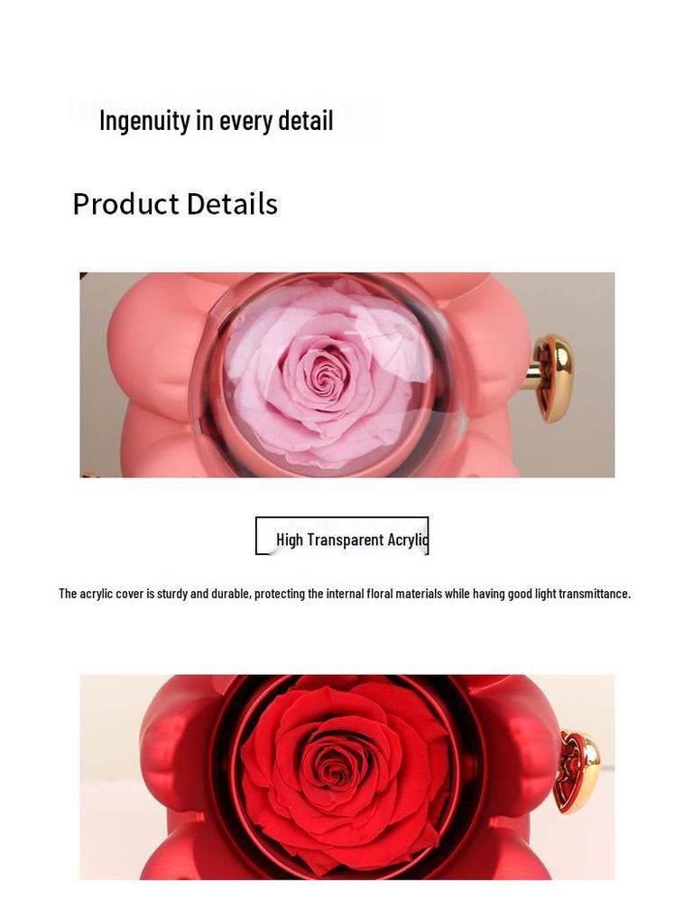 Rotating Acrylic Jewelry Box with Teddy Bear & Eternal Rose for Valentine's Day