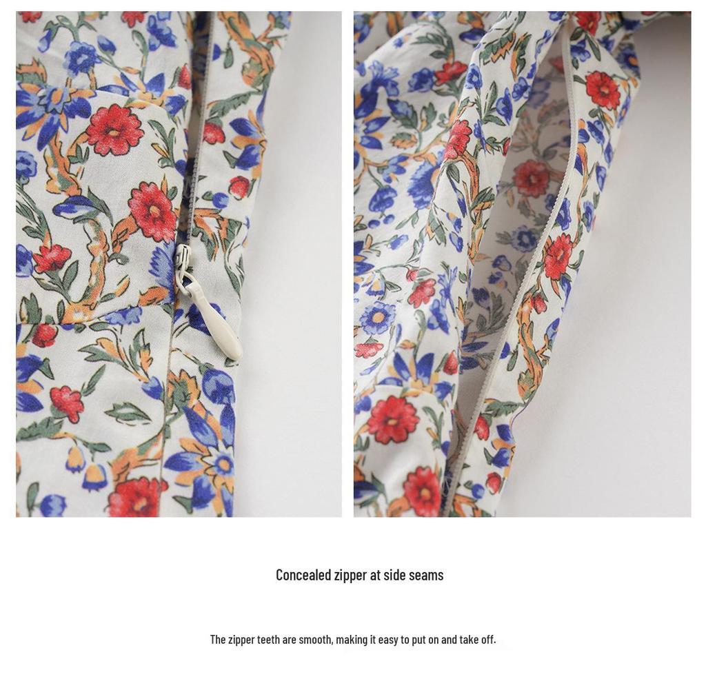 Pastoral Floral Cotton Puff Sleeve Slim Long Dress - Romantic Spring/Summer Women's Wear