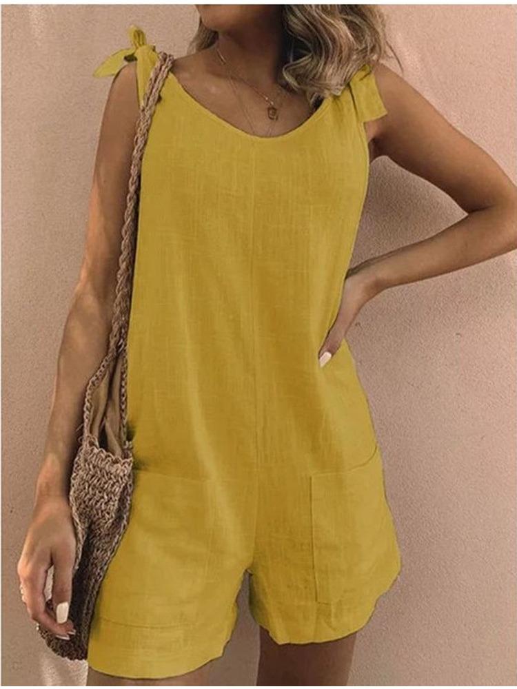 

Женский однотонный свободный комбинезон из хлопка и льна с накладными карманами M жёлтый