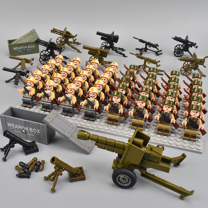 40pcs WW2 Military Figures Building Blocks Army Soldier Battlefield Machine Gun Weapons Bricks Kids Toy