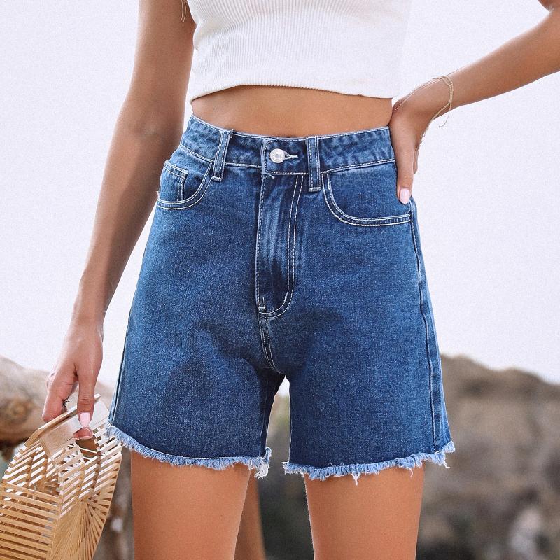 

Винтажные джинсовые шорты с потертостями, однотонные, с карманами, с высокой талией, летние 2025 г., на пуговицах, сексуальные, повседневные, базовые, облегающие, состаренные джинсы L синий