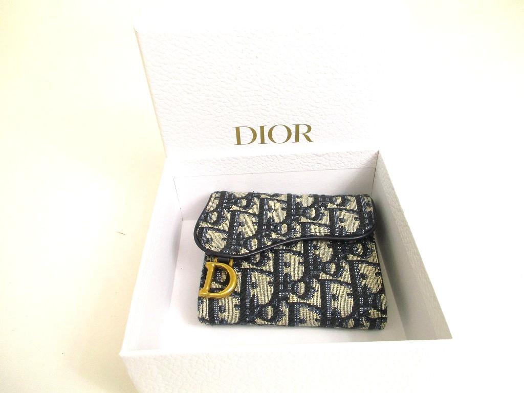 Authentic Christian Dior Navy Blue Canvas Leather Lady Dior Trifold Wallet #a977  Pre-owned