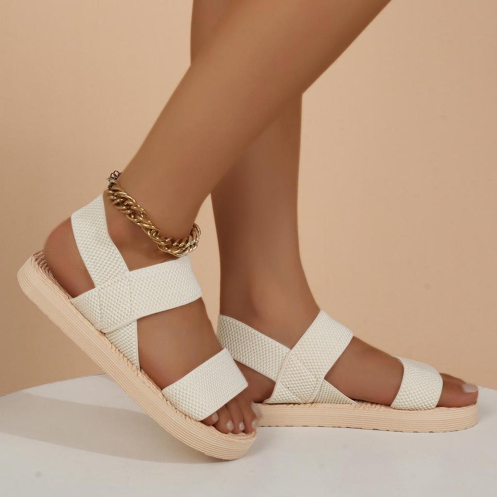 Explore Our Cross-border Women's Flat Sandals Featuring a Faux Jute Sole, Imitation Jute Rope Embossing, and Elastic Band, Designed In Chaozhou.