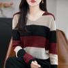 Women's V-Neck Striped Knit Sweater - Long Sleeve, Slimming, Loose Fit for Autumn