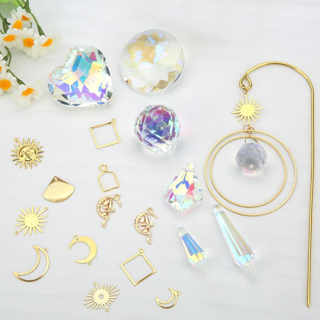 260Pcs DIY Crystal Suncatcher Kit For Garden Potted Plant Decoration With Metal Hooks And Colorful Glass Pieces