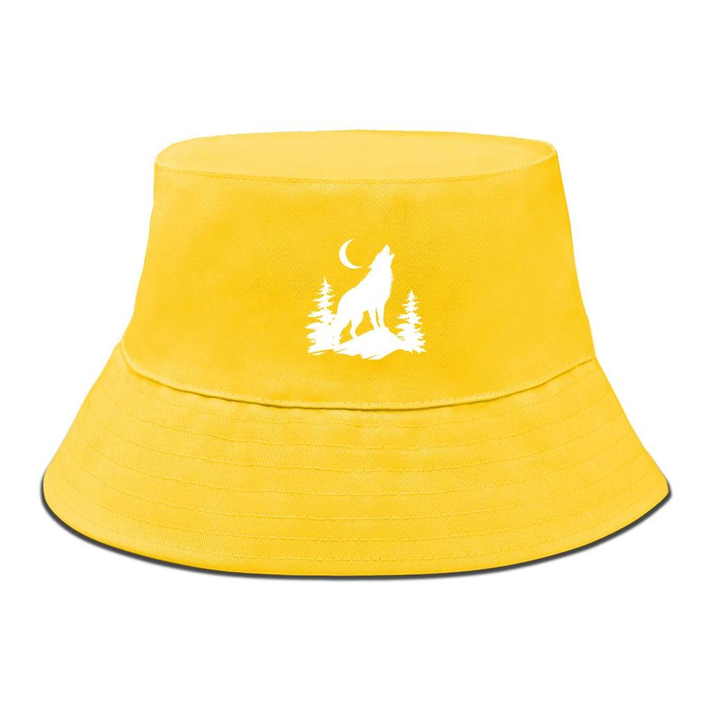 Wolf & Moon Print Bucket Hat , Sun Cap Unisex Candy Color Spring Beach Hat