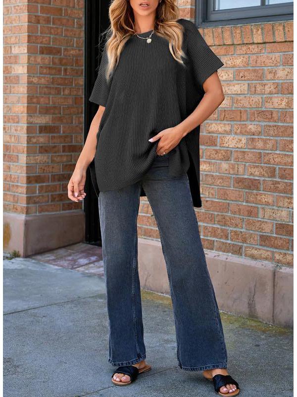 2024 Women's Summer Solid Color Knit Crew Neck Pullover T-Shirt - European & American Casual Loose Fit, Drop Shoulder, Short Sleeve Top