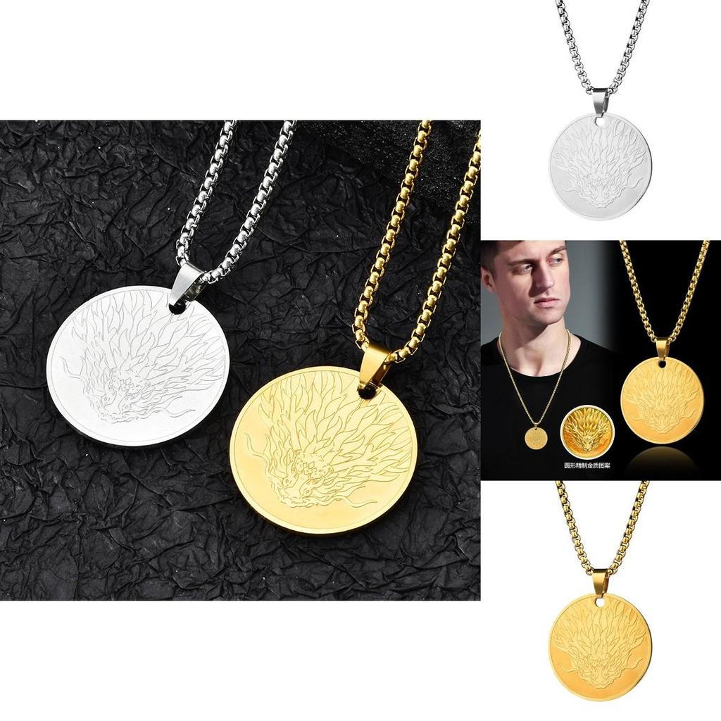 Exquisite Titanium Steel Round Pendant Necklace For Men And Women With Dragon Design