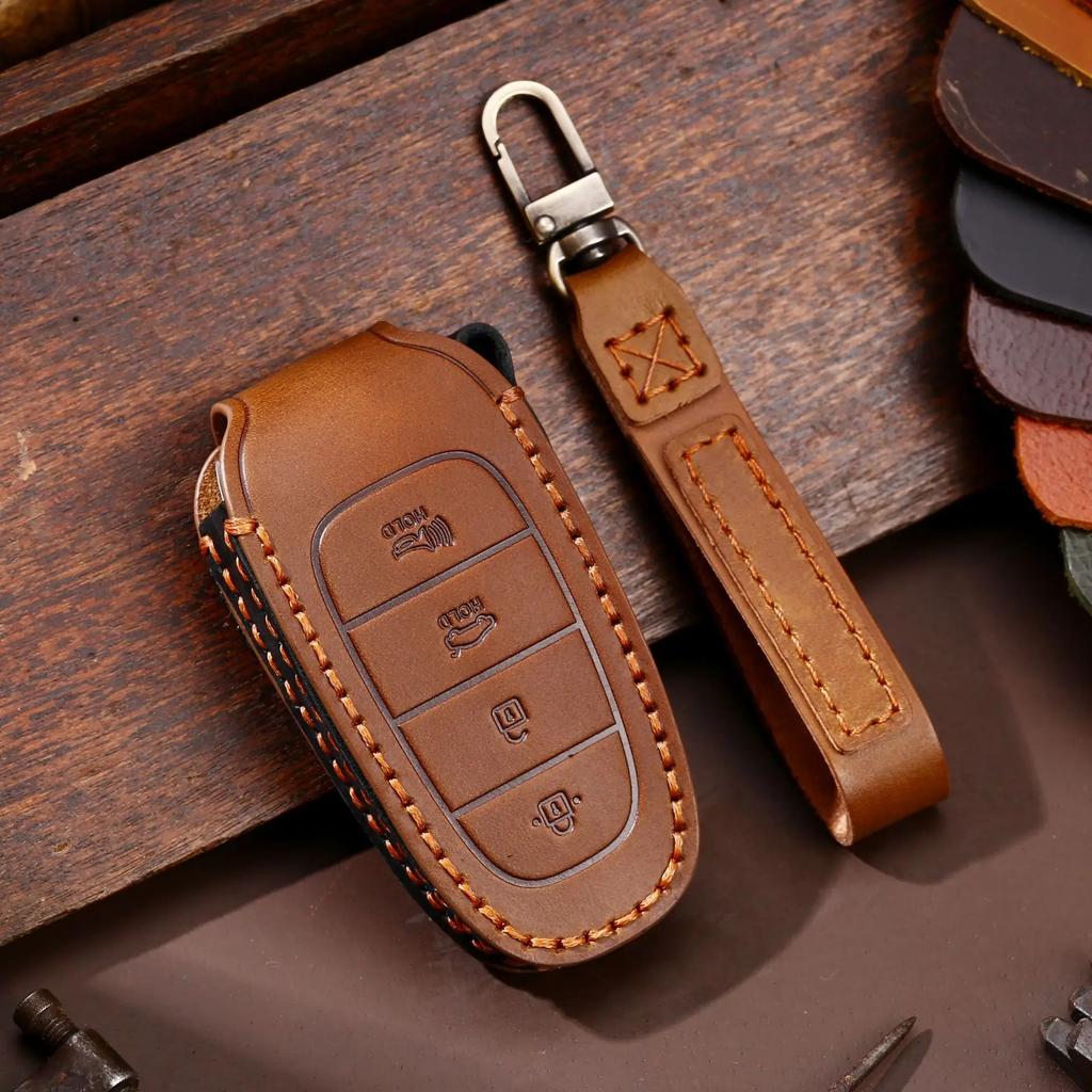 Leather Car Key Case Cover Fob Accessories for Hyundai Tucson Solaris Sonata Hybrid Nexo Nx4 Grand Santa Fe Keychain Holder Bag