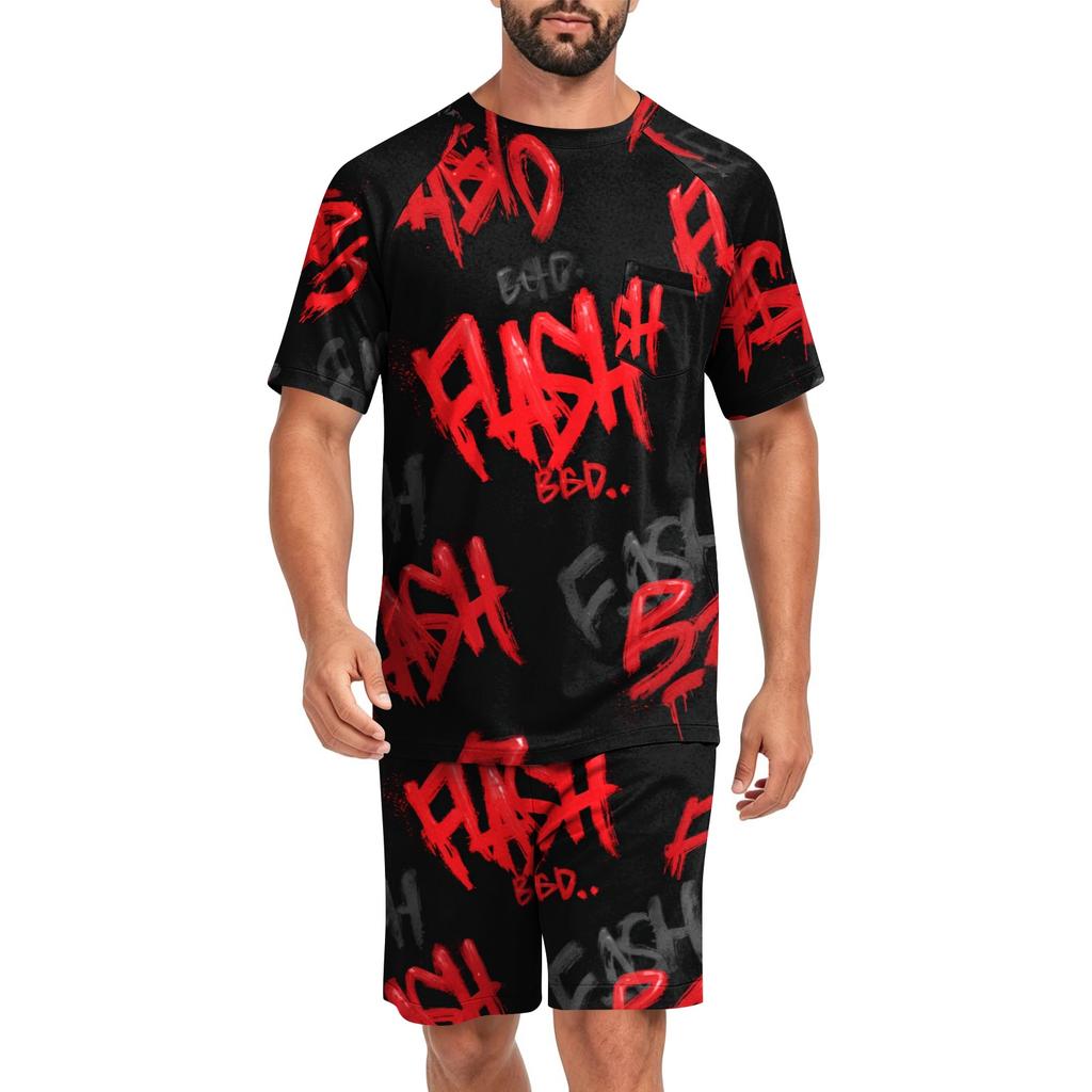 Men's Halloween Casual Pajama Set Short Sleeve Top and Shorts Comfortable Lightweight Sleepwear Set with Pumpkin and Bat Print for Home Use