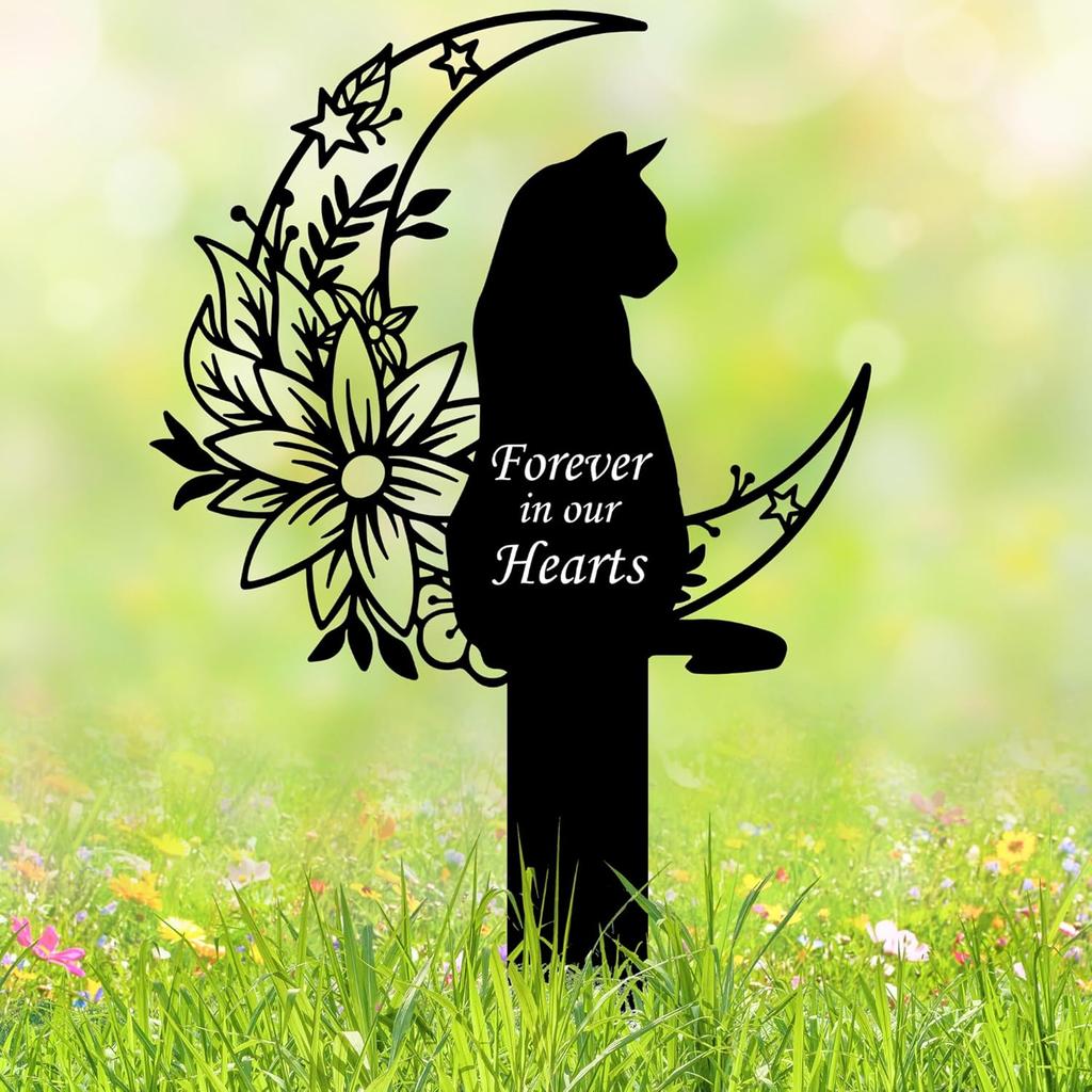 Cat Grave Marker Outdoor Memorial – 12in Metal Pet Memorial Plaque with Garden Cat Silhouette, Weatherproof Headstone for Yard or Indoor Tribute,