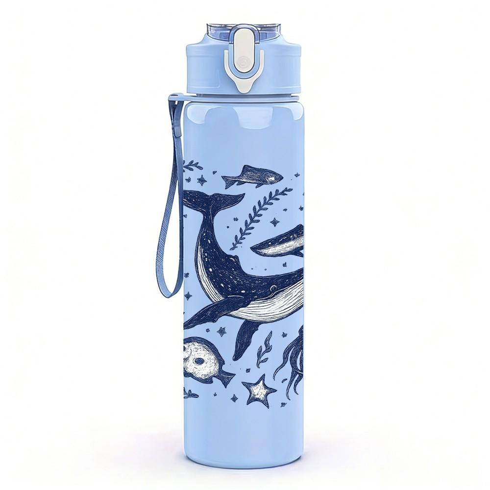 1 PZ Bottiglia d'Acqua Sportiva in Plastica Colorata con Motivo Balena Blu, Inchiostro Blu, 750ml, Ermetica, Tappo con Cannuccia a Flip, Adatta per Sport, Ufficio, Uso Domestico