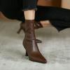 Brown short boots women's high-heeled thin-heeled pointed rear zipper velvet 2025 new winter Korean version elastic thin boots