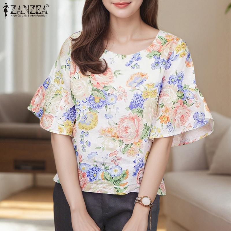 ZANZEA Women Casual Round Neck 3/4 Sleeve Loose Floral Blouse
