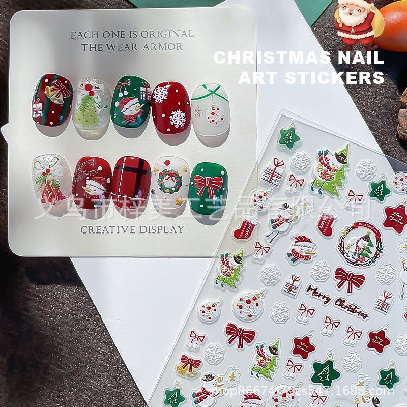 

2024 3D Embossed Santa & Bear Christmas Nail Stickers for Kids Gold Foil
