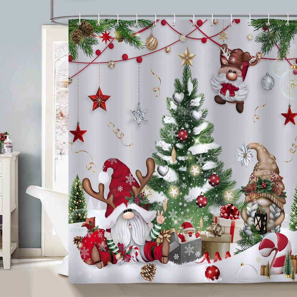 Christmas Shower Curtain Winter Snowy Landscape Forest Shower Curtain Xmas Pine Tree Bath Curtain with Hooks Home Bathroom Decor