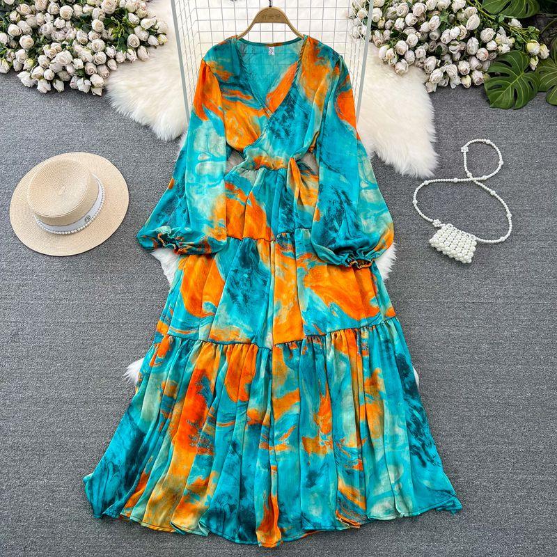 

Lantern Long Sleeve A- line Elegance Wide Hem Printed Dress Blue and orange tie-dye All yards