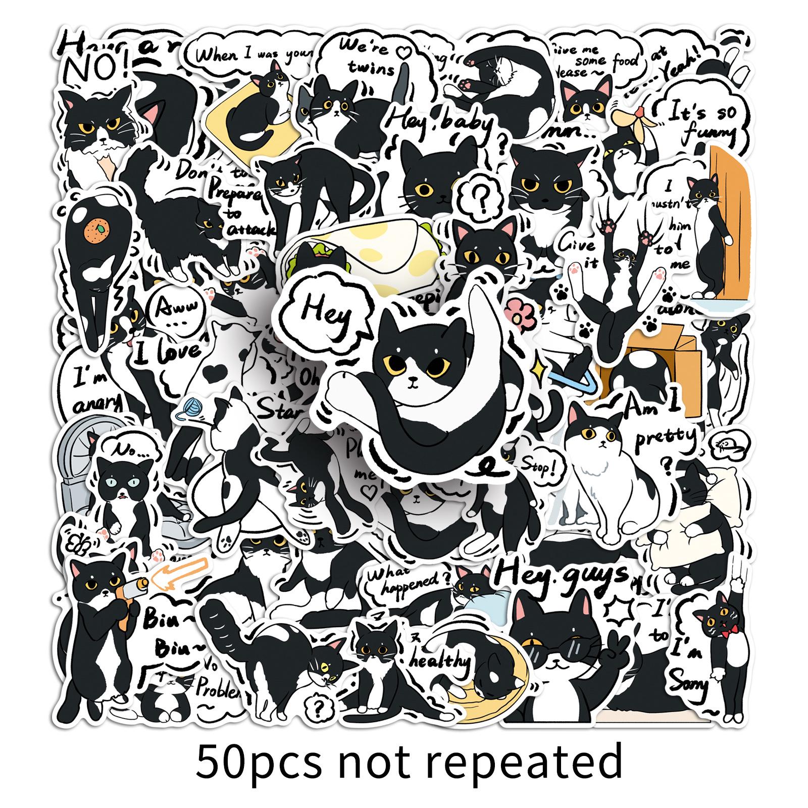 50 Sheets Hand-Painted Black & White Cow Cat Stickers: Cute Abstract Kittens for Journaling & Earphones