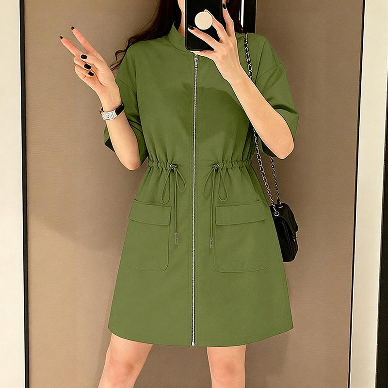 ZANZEA Women Casual Stand Collar Summer Loose Short Sleeve Drawstring Dress S зелёный