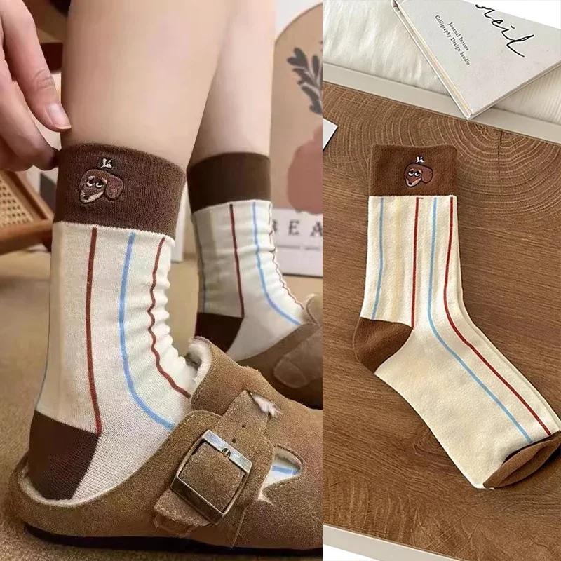 8pcs Cartoon Sausage Dog Print Middle Tube Socks Funny Dachshund Pattern Cotton Socks Autumn Winter Warm Cute Couple Sock Gift One Size