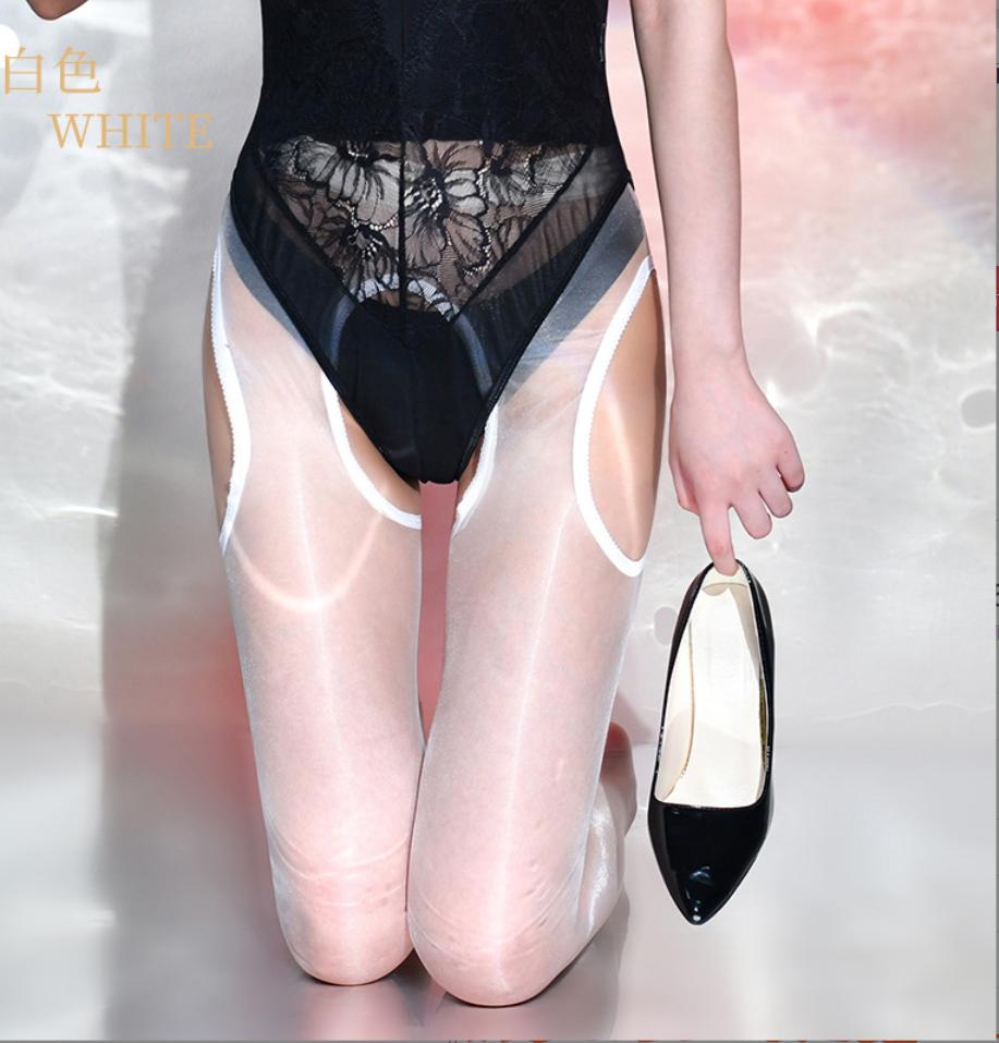 1D Aurora Series Oil Shiny Transparent Silky Stretchy Pantyhose Women Sexy Lace Cut Four Sides Open Crotch Tights Club Dance