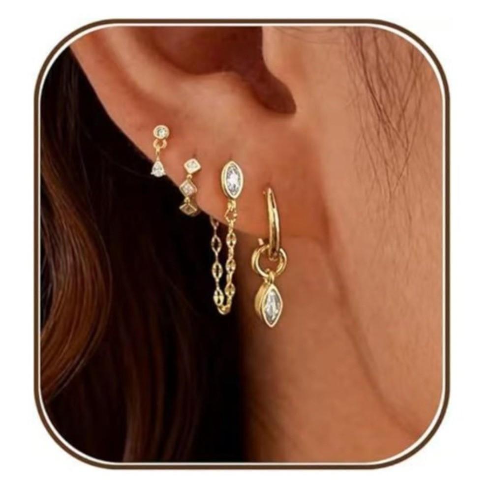 4Pcs/Set Chain Huggie Hoop Earrings Geometric Dangle Earring Set Women Accessories