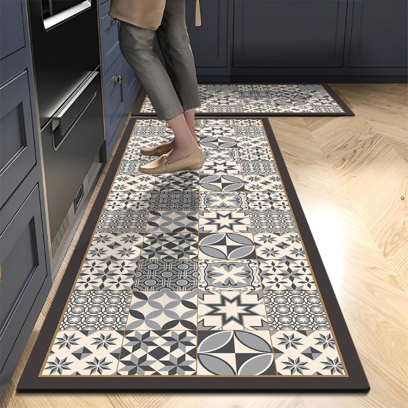 Boho Kitchen Rugs Set Memory Foam Colorful Ceramic Comfort Tile Floor Mat Anti Fatigue Non-Skid Runner Rug Water & Oil Proof Carpet Laundry Sink