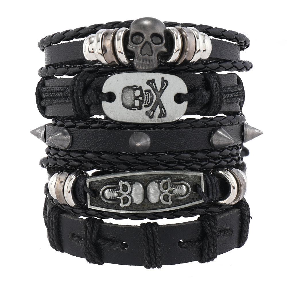 Skull head alloy accessory set of five pieces, cowhide bracelet, direct supply for jewelry
