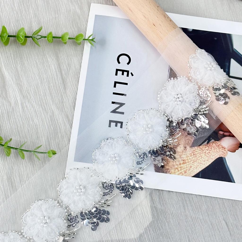 White Heavy Industry Woven Disc With Sequined Rice Beads Three-Dimensional Lace Clothing Hanfu Wedding Accessories