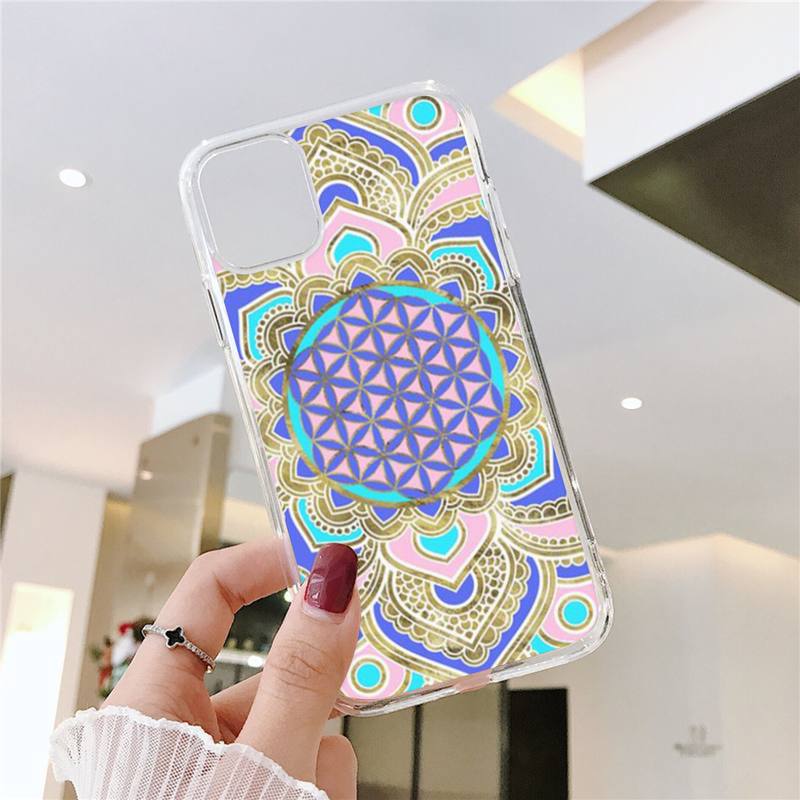 Flower of Life In Lotus Phone Case For iPhone 11 12 Mini 13 14 15 Pro XS Max X Plus SE XR Transparent Shell