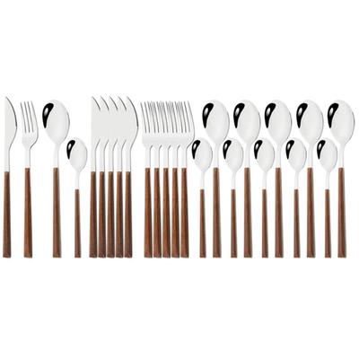 24Pcs Dinnerware Set Stainless Steel Silver Flatware Imitation Wooden Handle Clamp Western Knife Fork Spoon Cutlery Tableware