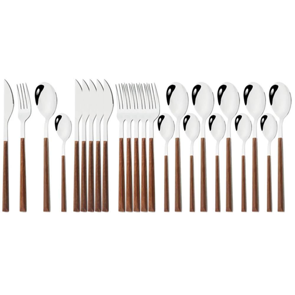 

24Pcs Dinnerware Set Stainless Steel Silver Flatware Imitation Wooden Handle Clamp Western Knife Fork Spoon Cutlery Tableware