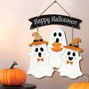 Halloween Wooden Hanging Sign | Multi-Color Festive Decor with Ghosts In Costumes & Pumpkin Design | Bohemian Style Wall Art