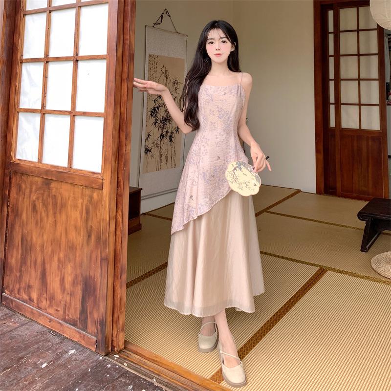 2024 Summer Zen-Inspired Chinese Cheongsam Dress: Irregular Print, Long Suspender Skirt