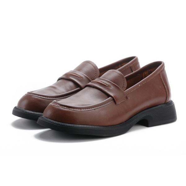 Cowhide Loafers Women's Shoes Genuine Leather Low Top Thick Heel Low Heel Soft Sole Soft Face Round Head Comfortable Versatile Casual Office