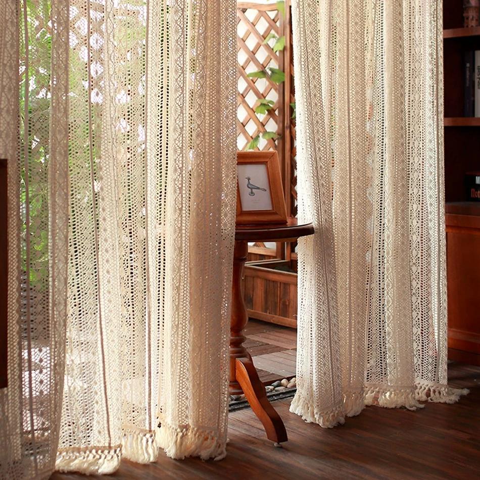 Cotton Hollow design Curtains Road Pocket Shade Curtain Tassel for Kitchen Bedroom Living Room Bay Window Cabinet Curtain