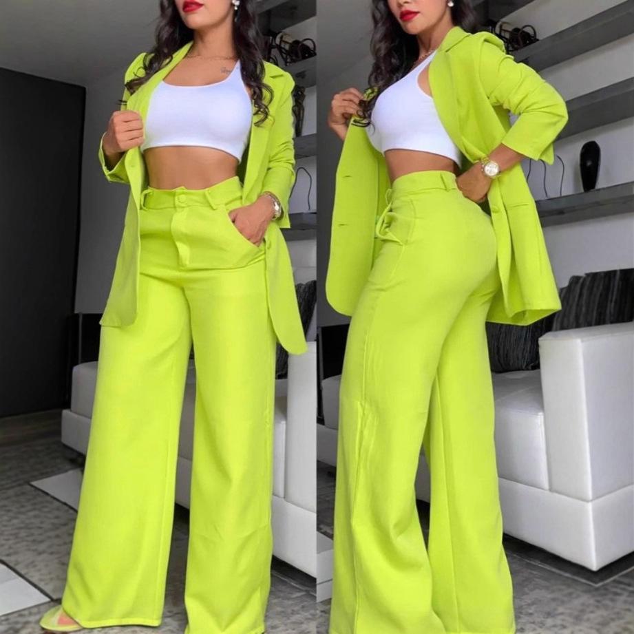 2026 Summer Elegant Women's Solid Color Split Sleeve Suit with Straight Leg Pants