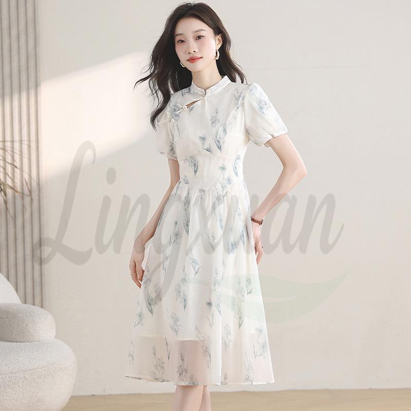 New Chinese Style Summer 2026 Women s Dress: Zen Puff Sleeve Cheongsam X-Large