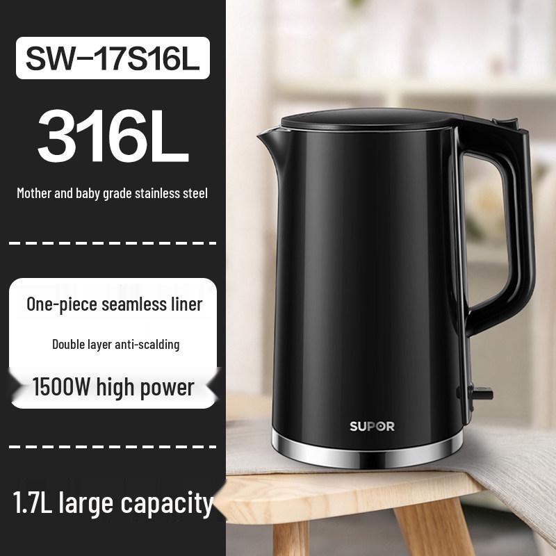 Supor Seamless 316L Stainless Steel Electric Kettle, 1.7L, Double Layer Anti-Scald Design 1.7 Liters