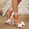 Bow-knot Satin Block Heel 2025 New Waterproof Taiwanese Square-toe Buckle Women's High-heeled Sandals