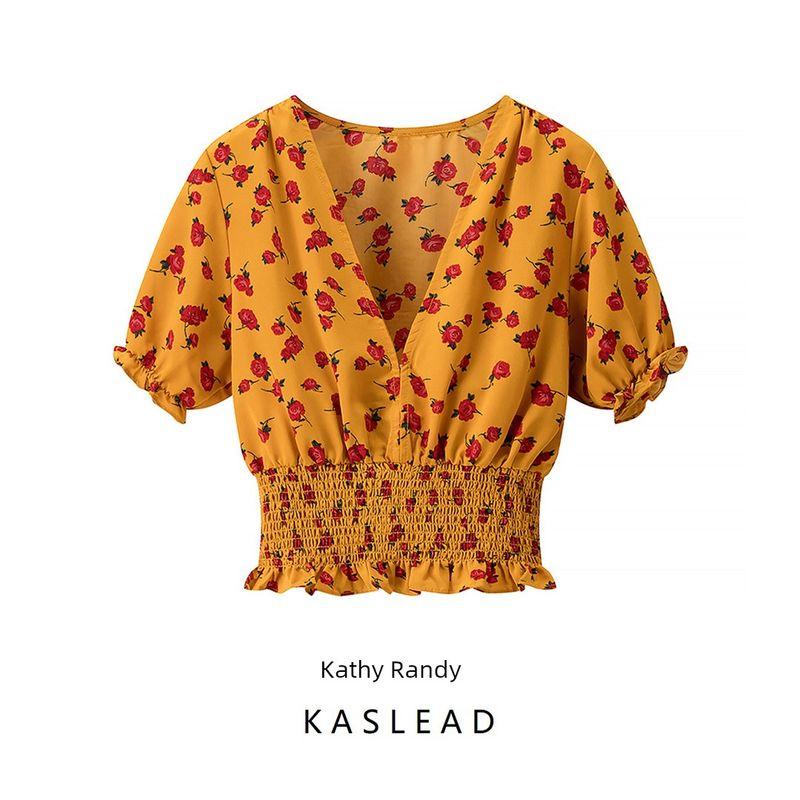 Kaslead New Women Clothes Western Style Fashion Simple Floral V-neck Waist Hugging Short Shirts