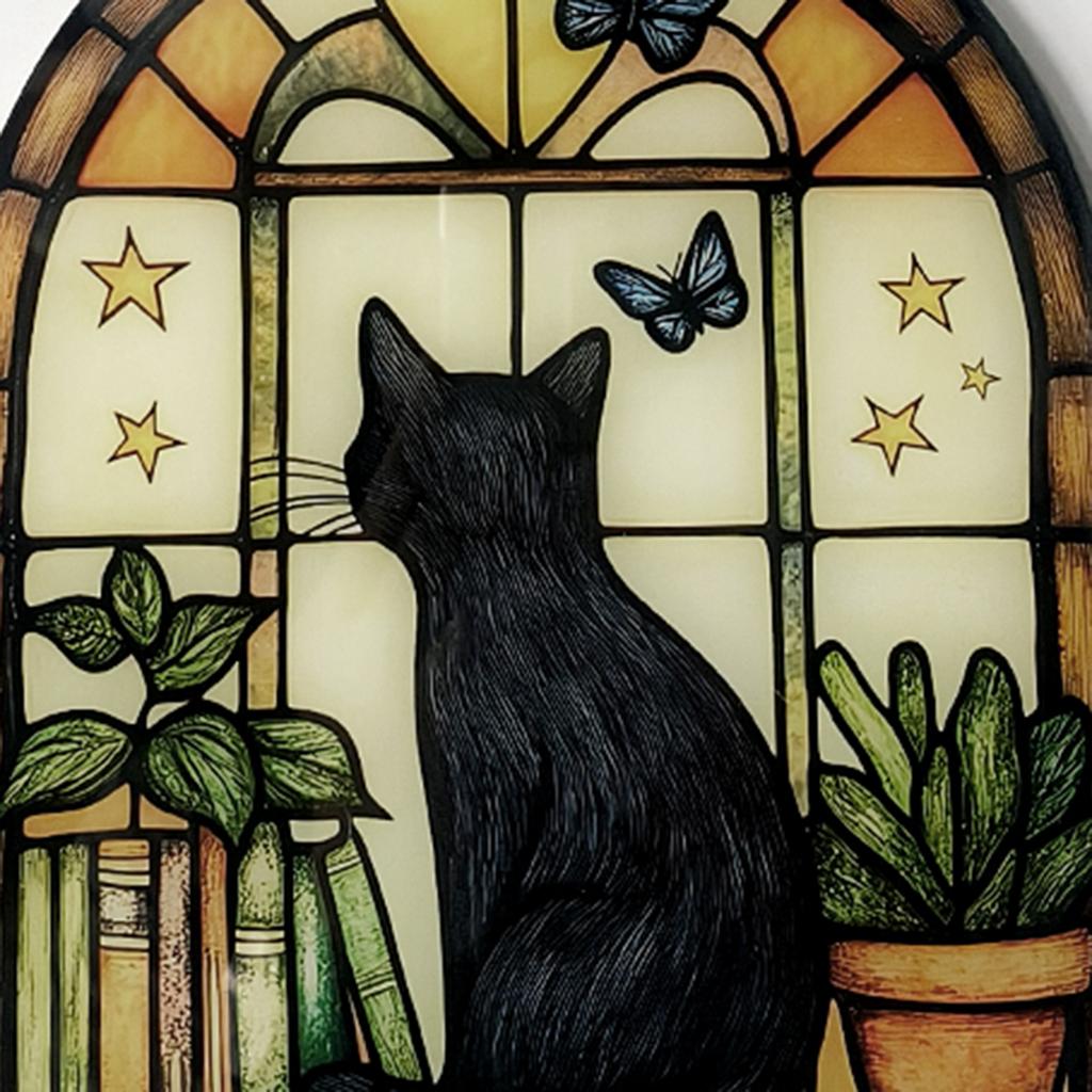 Acrylic Black Cat Window Hanging Decor, Arch Window with Butterfly/Stars/Books/Plants Design, Art Wall Ornaments for Home&Garden