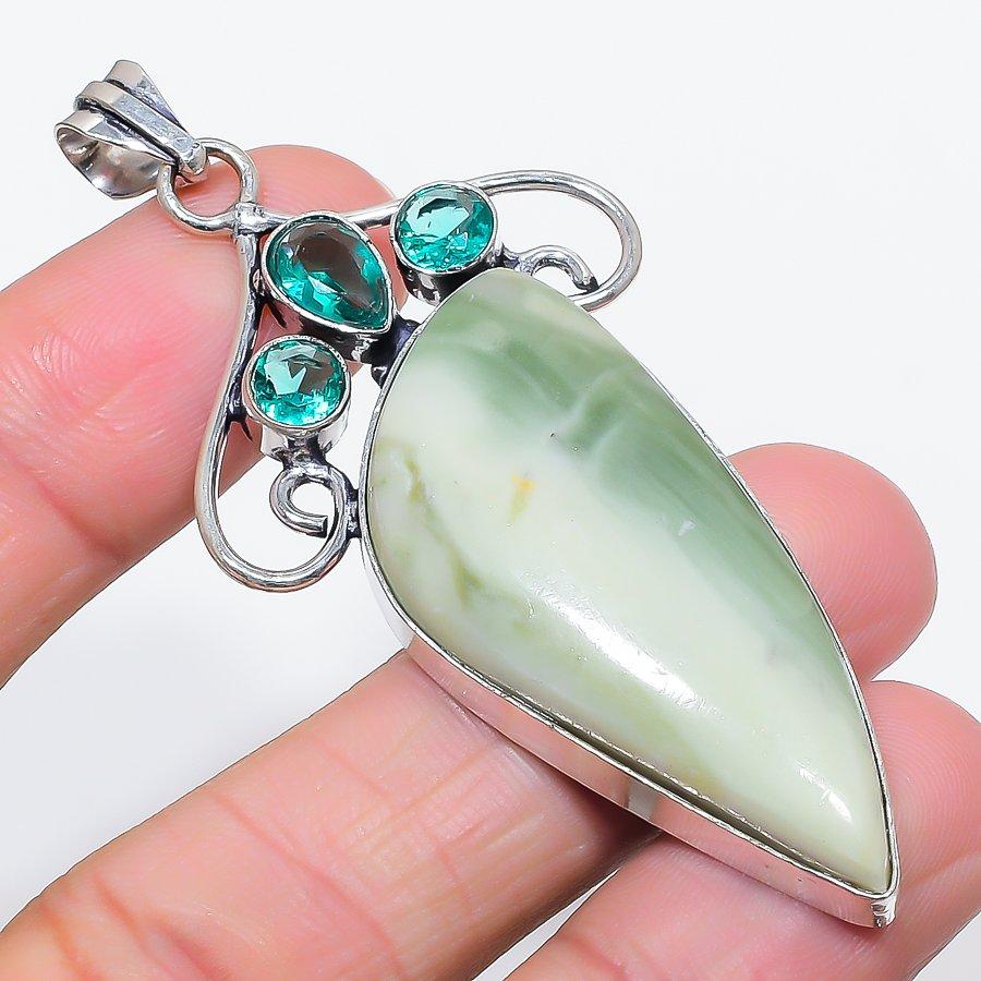 Natural Swiss Green Opal, Tourmaline 925 Sterling Silver Pendant 2.96" V4L94